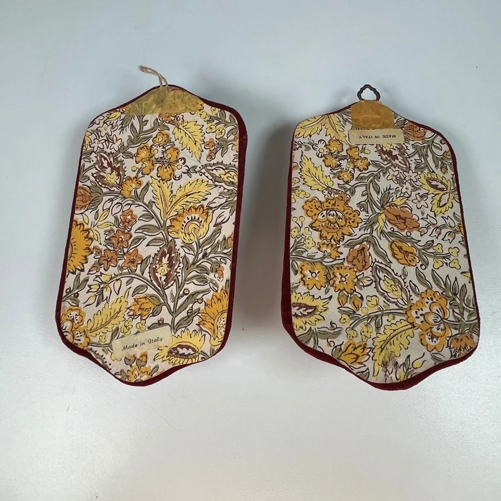 Vintage Ceramic Rose Wall Plaques Burgundy Velvet Italy Floral Pair 7 in x 4 in